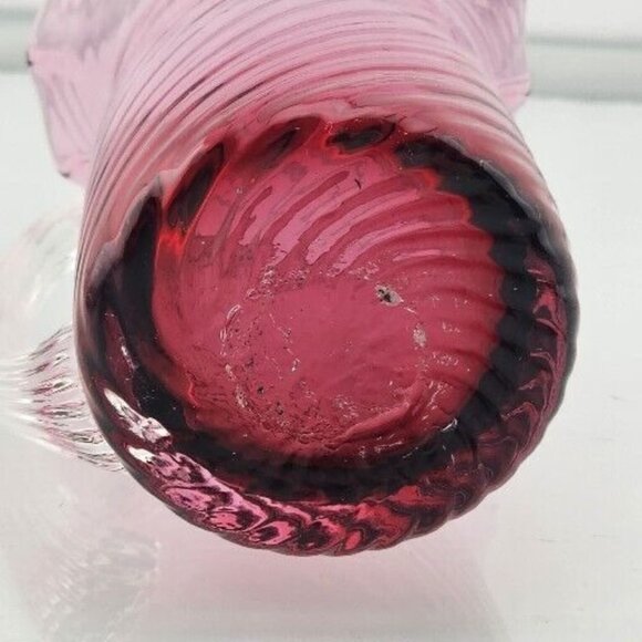 Pilgrim Glass Cranberry Swirl Pitcher Vase 3.5" clear handle ruffled rim texture - Picture 11 of 12